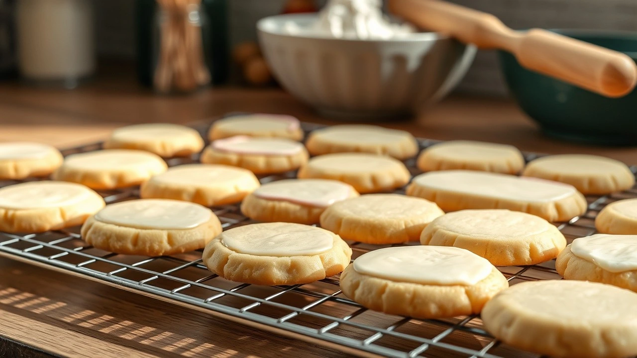 Freshly baked gluten-free sugar cookies with royal icing on a cooling rack in a cozy kitchen setting.