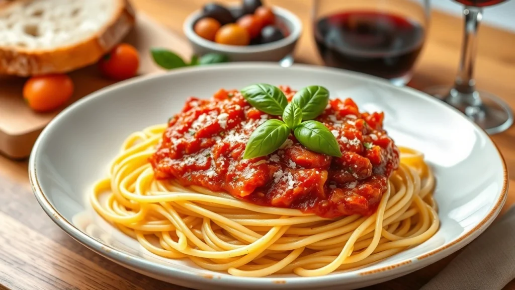 Plate of spaghetti with Mediterranean tomato sauce garnished with fresh basil and vegan Parmesan