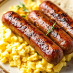 A plate of homemade venison breakfast sausage served with scrambled eggs, hash browns, and toast.