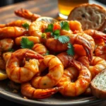 New Orleans-style barbecue shrimp in a buttery, spiced sauce served with crusty bread and lemon slices on a rustic wooden table.