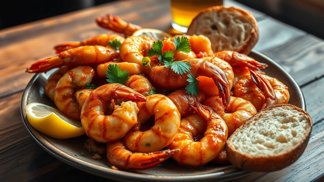 New Orleans-style barbecue shrimp in a buttery, spiced sauce served with crusty bread and lemon slices on a rustic wooden table.