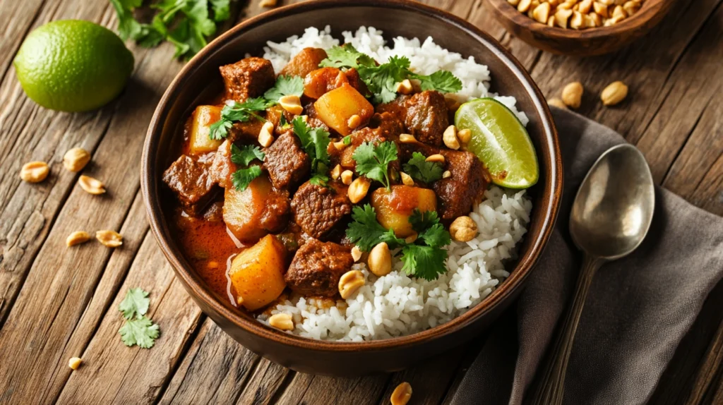 A high-quality image of a bowl of authentic Massaman curry served with jasmine rice, garnished with fresh cilantro, peanuts, and lime wedges. The curry has chunks of tender beef (or chicken), potatoes, and a rich, creamy coconut-based sauce. The background is a rustic wooden table with a spoon and napkin beside the bowl.