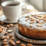 Almond Nut Cake Recipe served on a white plate with a slice cut