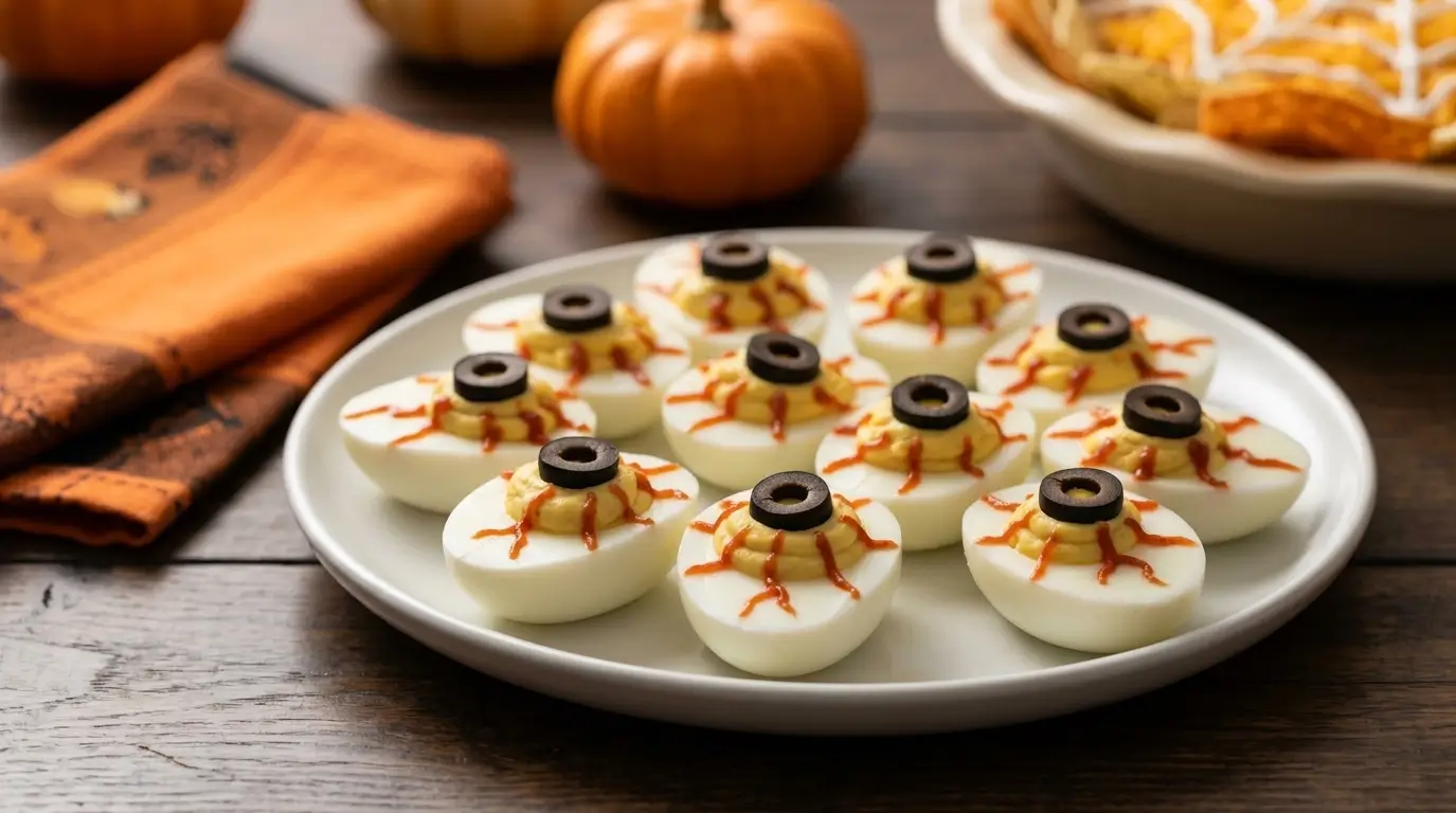 deviled-eyeball-eggs Deviled eyeball eggs with olive centers, creepy Halloween potluck ideas for snacks