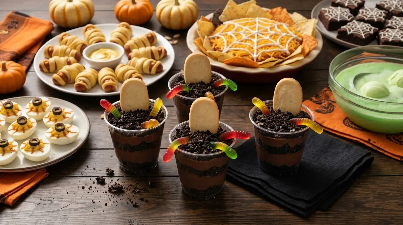 graveyard-dirt-cups Graveyard dirt cups with gummy worms and cookie tombstones, fun Halloween potluck ideas for kids