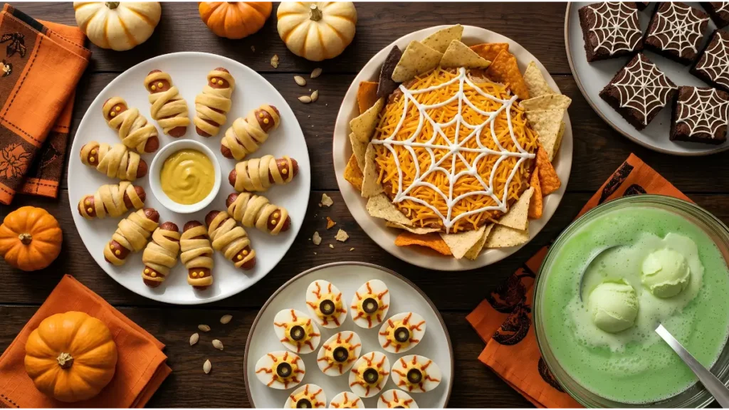 Halloween potluck ideas on a party table with mummy pigs in a blanket, taco dip, deviled eggs and brownies