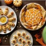 Halloween potluck ideas on a party table with mummy pigs in a blanket, taco dip, deviled eggs and brownies