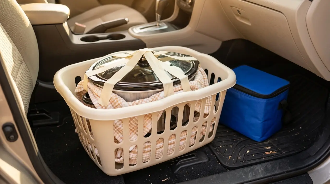 how-to-carry-food-to-a-potluck Slow cooker in a laundry basket in a car, how to carry Halloween potluck ideas safely