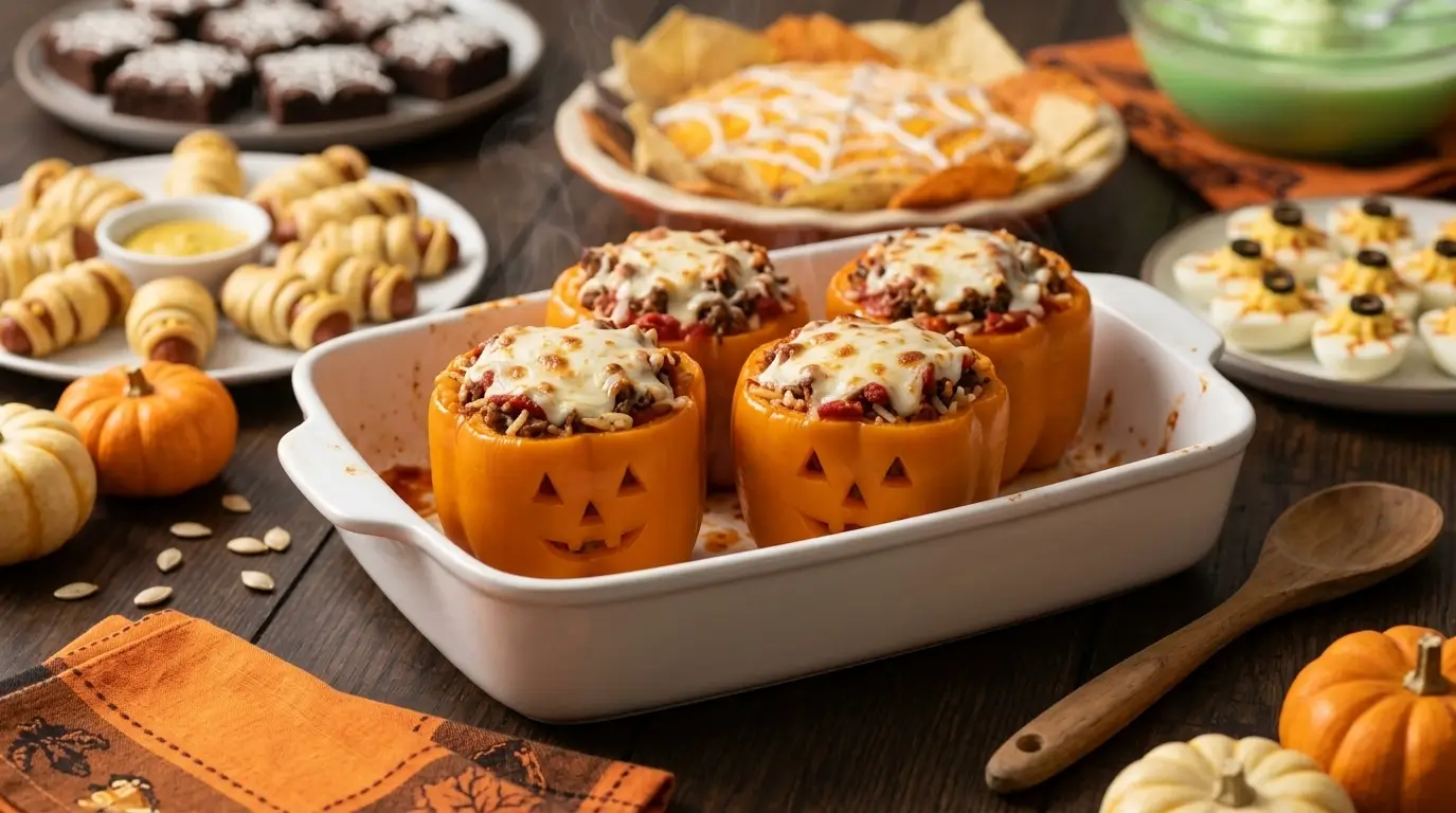 jack-o-lantern-stuffed-peppers Jack-o'-lantern stuffed peppers with beef, rice and cheese, hearty Halloween potluck ideas