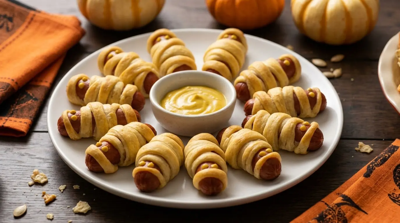mummy-pigs-in-a-blanket Mummy pigs in a blanket with mustard eyes, one of the easiest Halloween potluck ideas