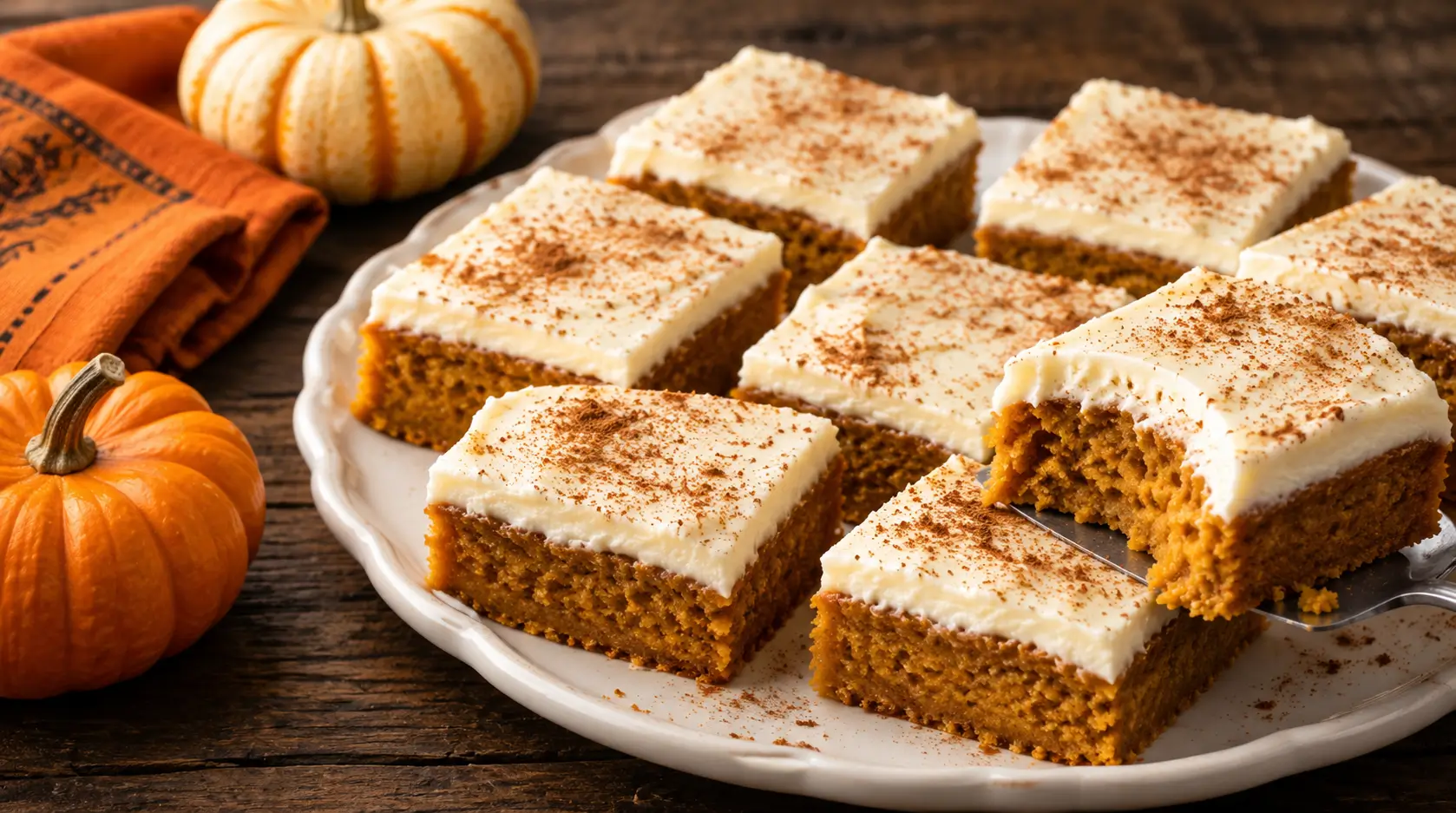 pumpkin-bars-cream-cheese-frosting Pumpkin bars with cream cheese frosting, sweet Halloween potluck ideas for dessert