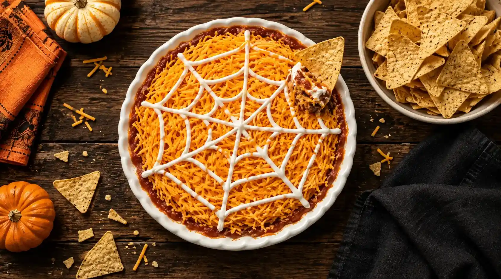 spiderweb-taco-dip Spiderweb taco dip with cheddar and tortilla chips for Halloween potluck ideas