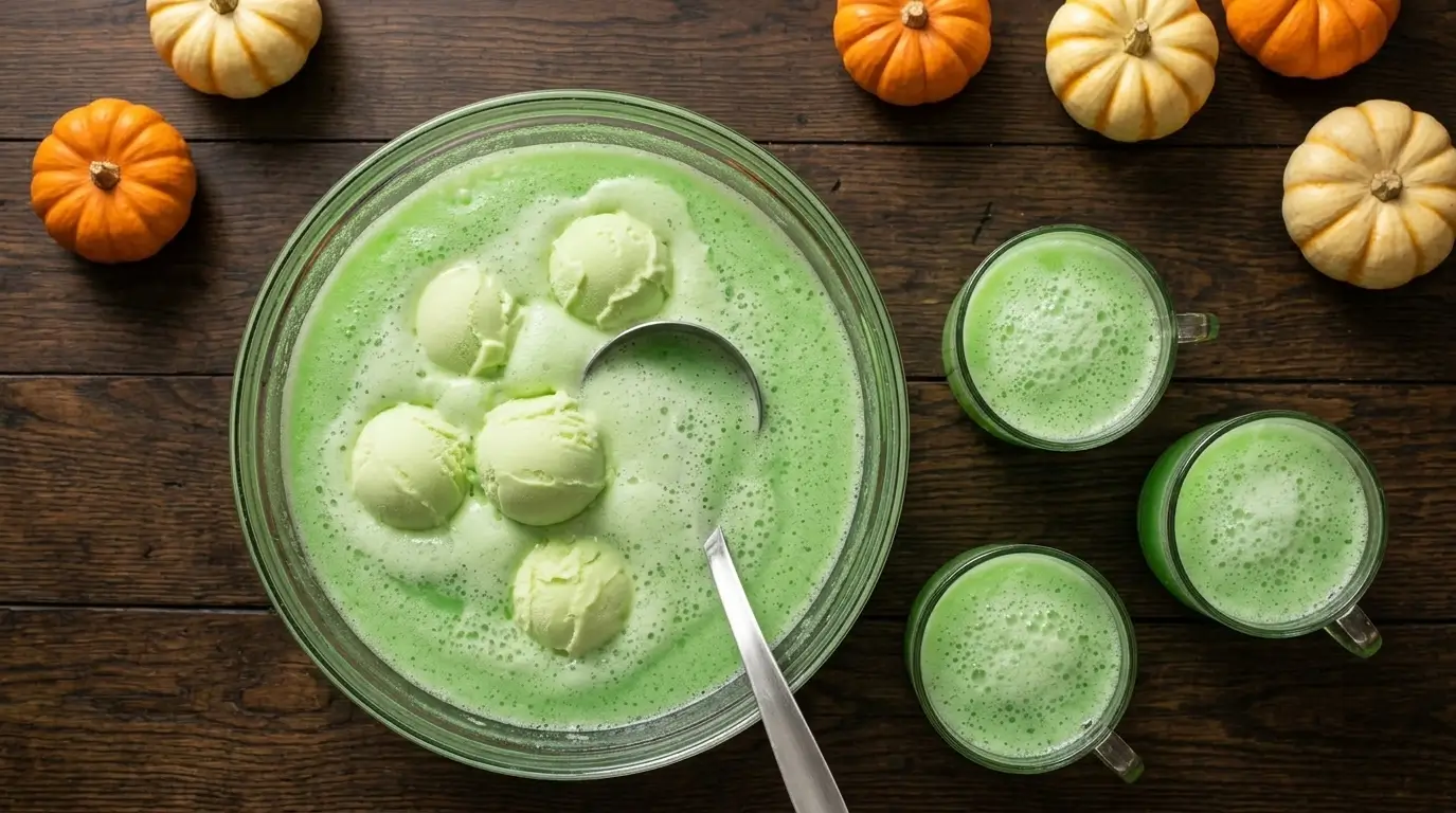 swamp-juice-punch Green swamp juice punch with lime sherbet, a kid-friendly drink for Halloween potluck ideas