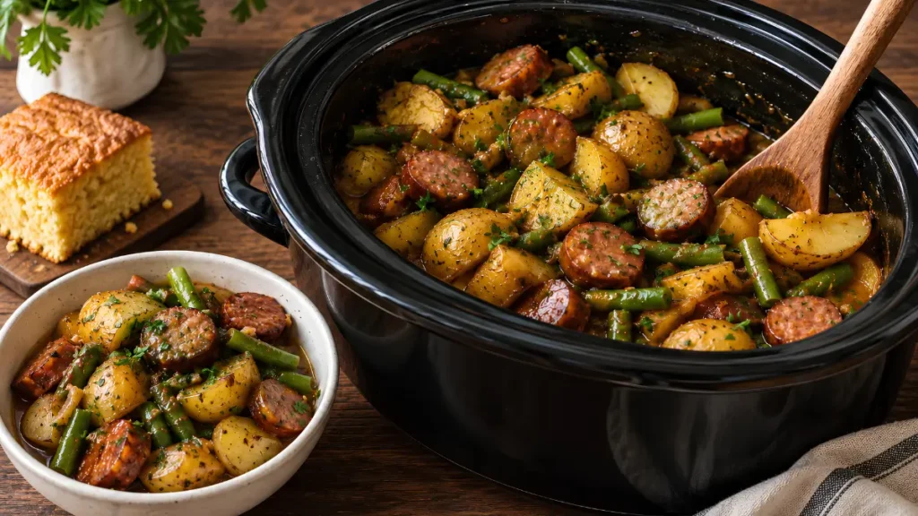 Crockpot swamp potatoes with smoked sausage, potatoes and green beans