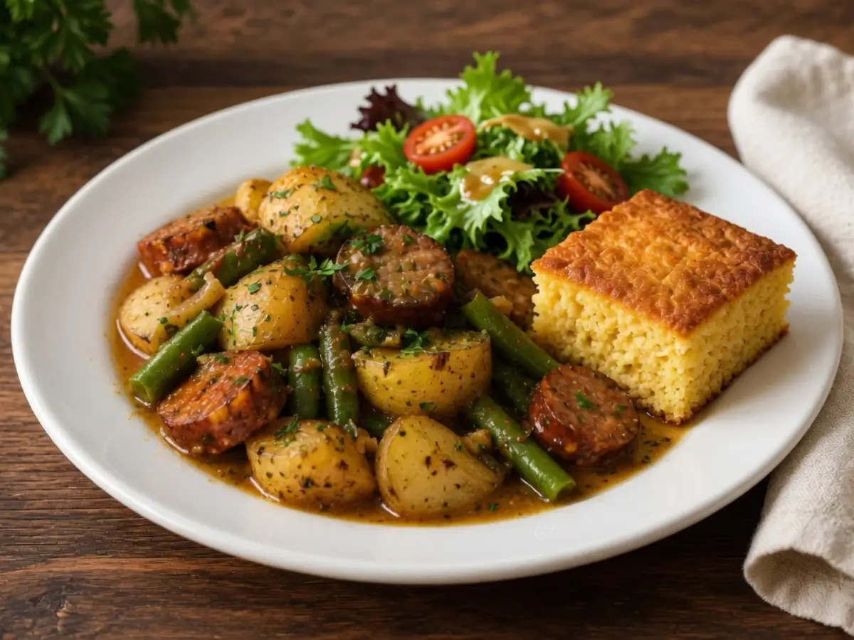 swamp-potatoes-dinner-plate Swamp potatoes served with cornbread and a green salad