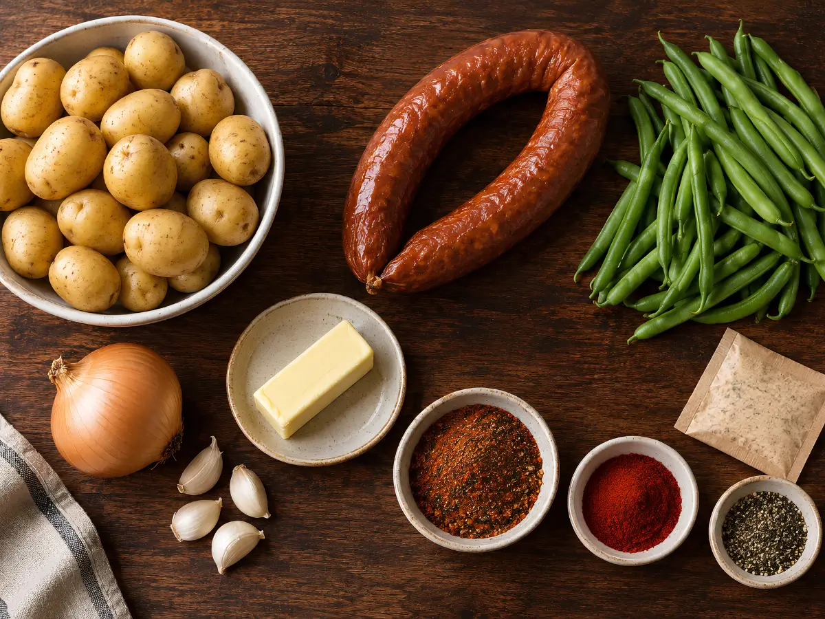 swamp-potatoes-ingredients Swamp potatoes ingredients: gold potatoes, smoked sausage, green beans, butter, onion and seasonings