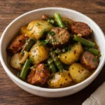 Bowl of easy swamp potatoes with sausage and green beans