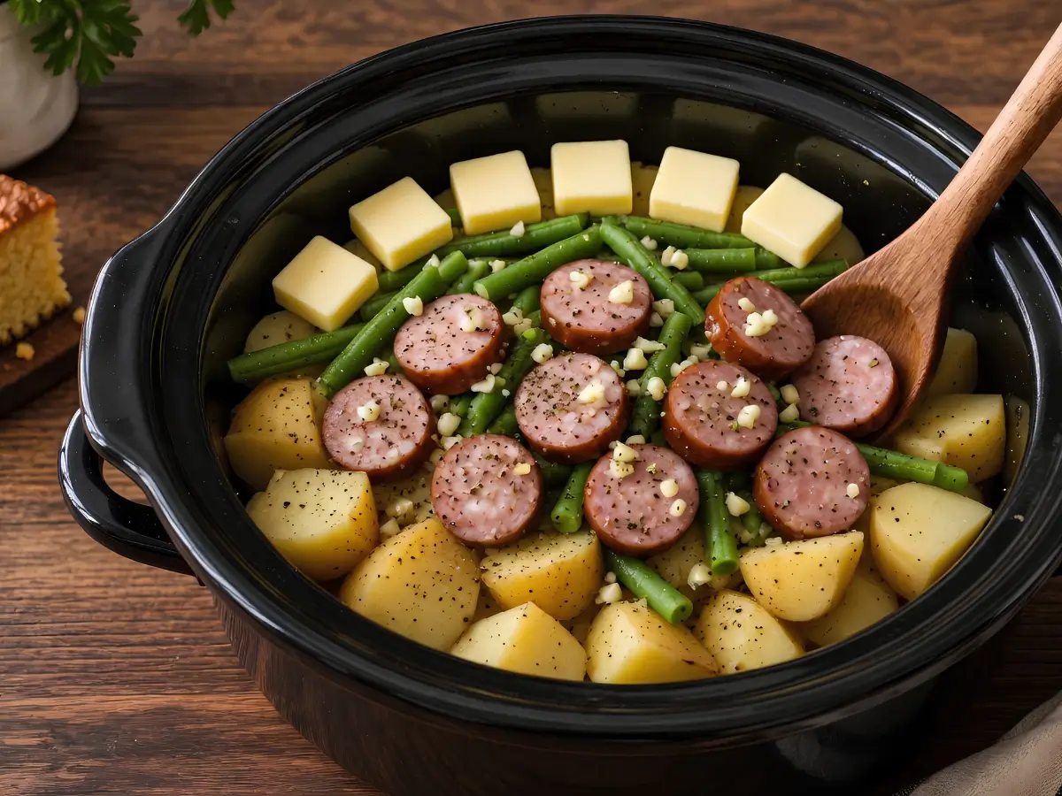 swamp-potatoes-step-2 Smoked sausage, green beans and butter layered in a crockpot before cooking swamp potatoes
