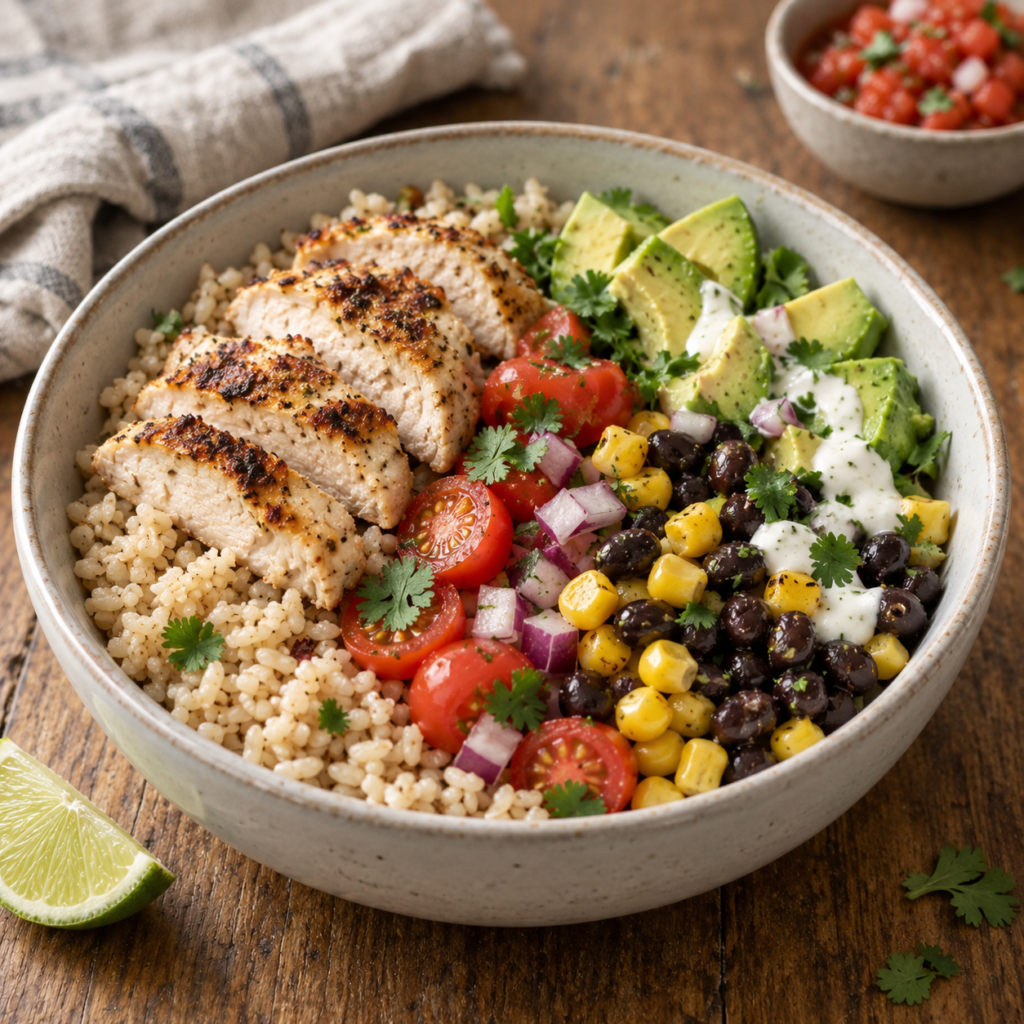 Illustration of a chicken burrito bowl with brown rice, black beans, corn, tomatoes and avocado